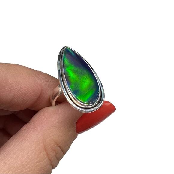Green Aura Opal Ring Solid Sterling Silver 925 Size 6 Fire Aurora - Picture 1 of 7